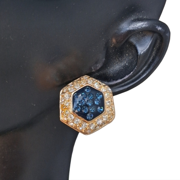 Roman Jewelry - 💎 Roman Co. Vintage Gold Tone Navy Blue Hexagon Stud Earrings Crystal Halo